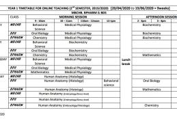 Bachelor of Pharmacy (BPharm), Bachelor of Medicine and Bachelor of Surgery (MBChB), and Bachelor of Dental Sciences (BDS) Year 1 2nd semester, 2019/2020 online teaching timetable.